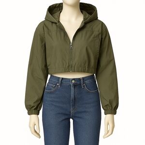 Aeropostale lightweight cropped windbreaker jacket in army green with hood.